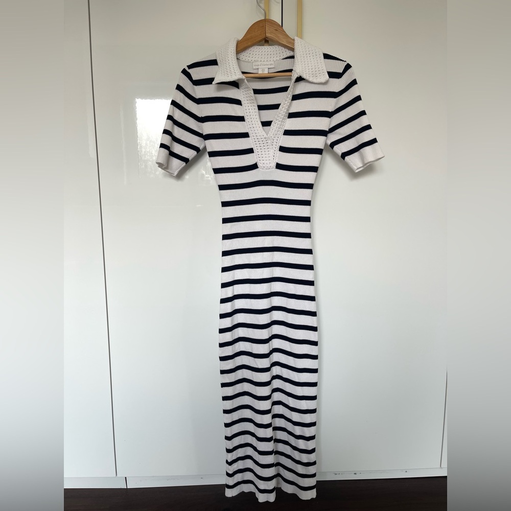 Striped Knit Polo Maxi Dress - White & Black
